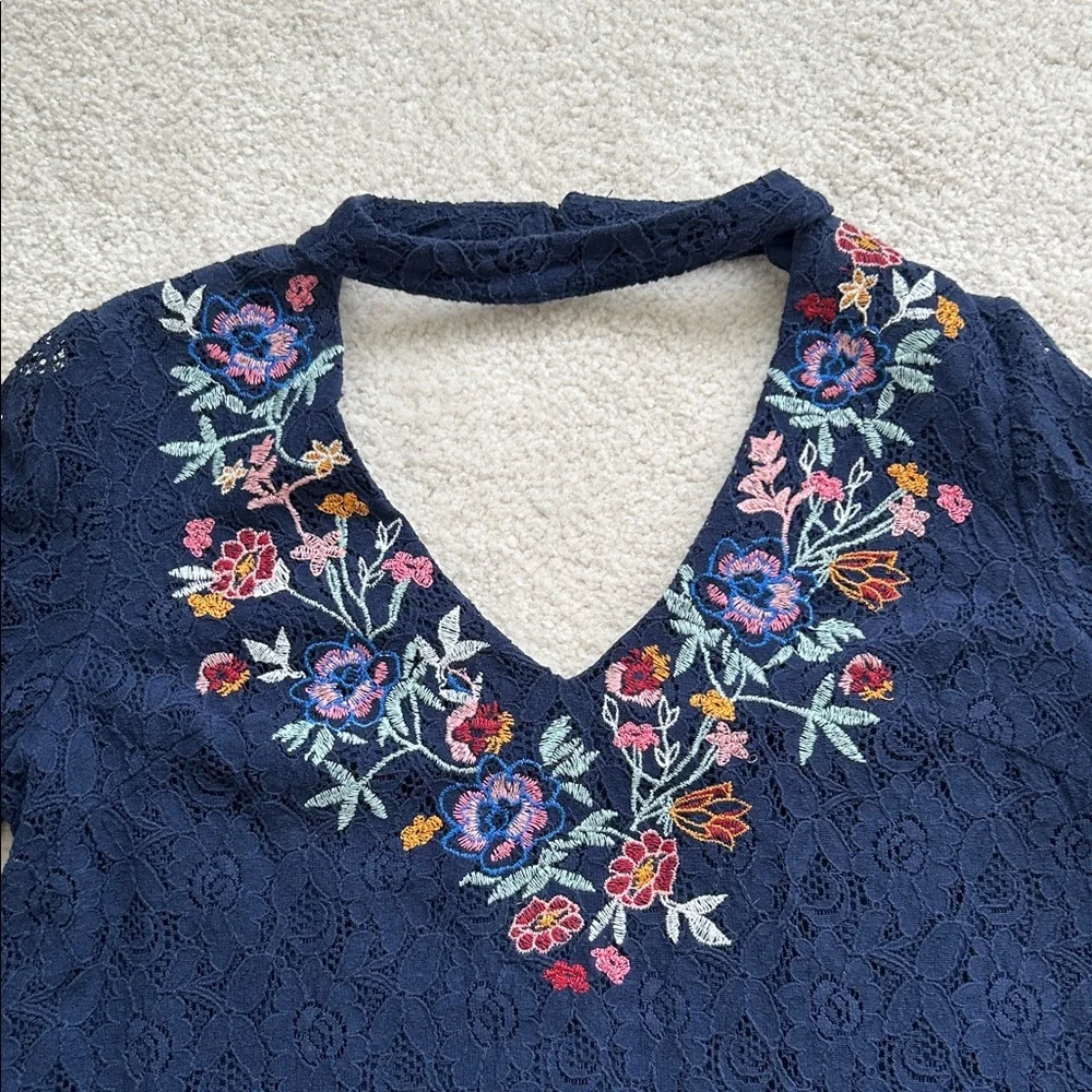 Xhilaration Navy Blue Midi Dress with Floral Embroidery - Size S - Picture 4 of 8